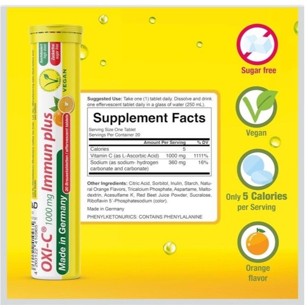 Oxi-C  Vitamin C 1000mg Effervescent Tablets Orange -20 DISSOLVABLE Tabs